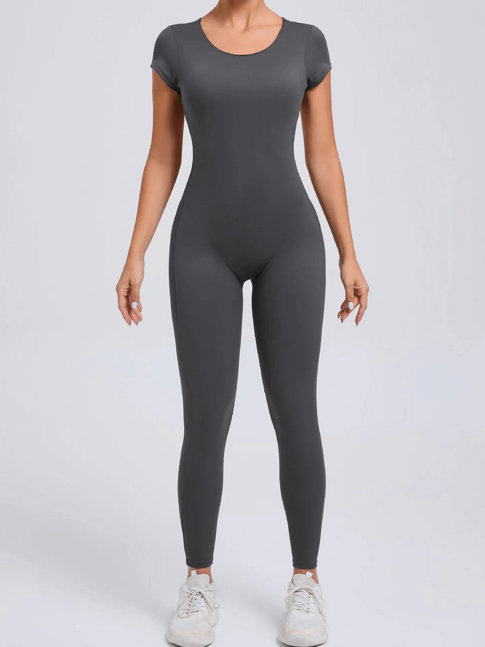 Alt Tag: Gym Open Back Yoga Jumpsuit with Short Sleeves - SF4291 women’s slim-fit short sleeve one-piece gym jumpsuit, gray, front view