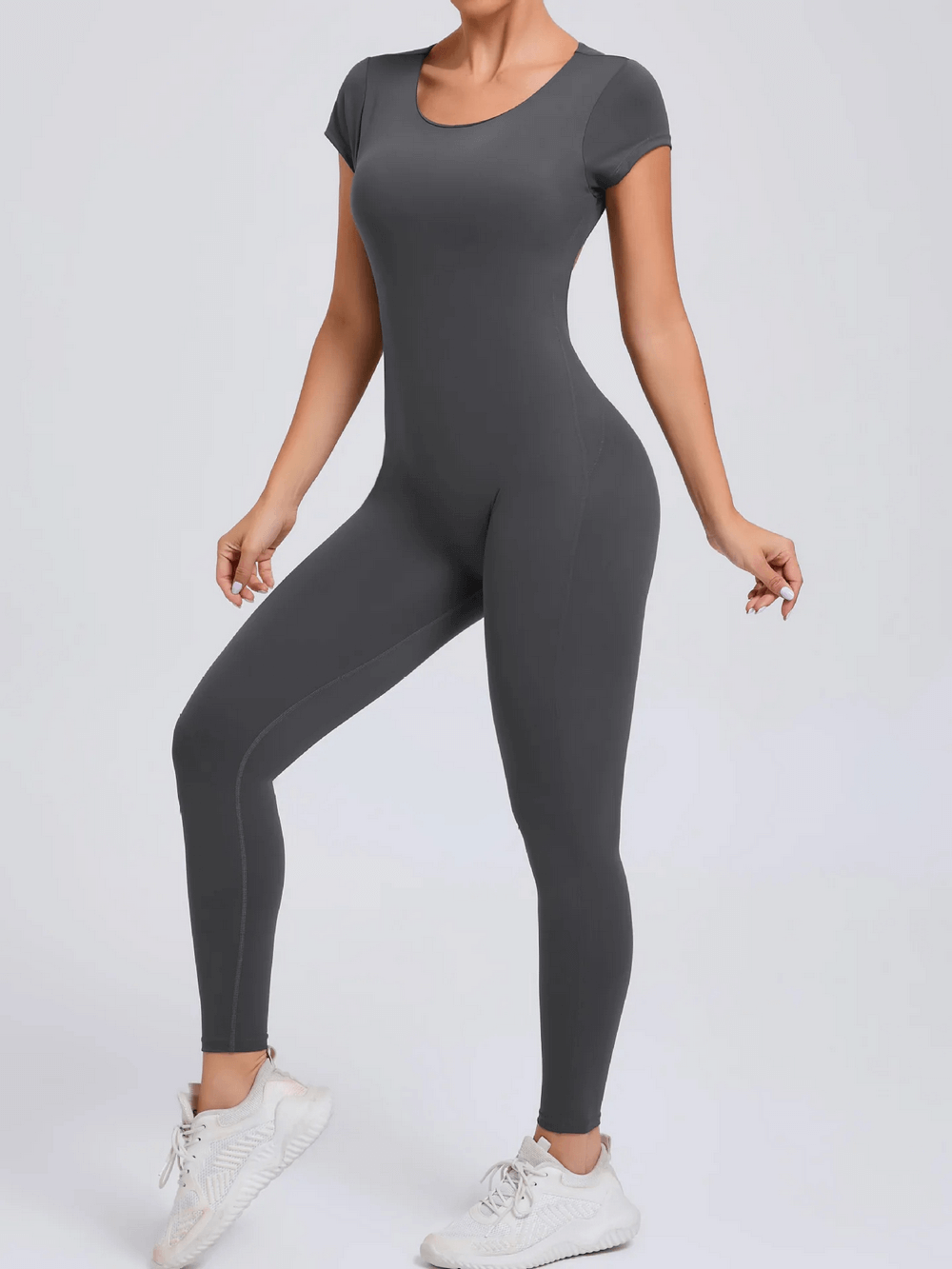 Alt Tag: Gym Open Back Yoga Jumpsuit with Short Sleeves - SF4291 slim fit short sleeve one-piece gym jumpsuit for women in gray