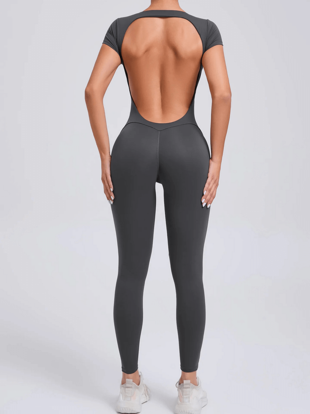 Alt Tag: Gym Open Back Yoga Jumpsuit with Short Sleeves - SF4291 womens slim fit one-piece quick-dry open back short sleeve gym suit