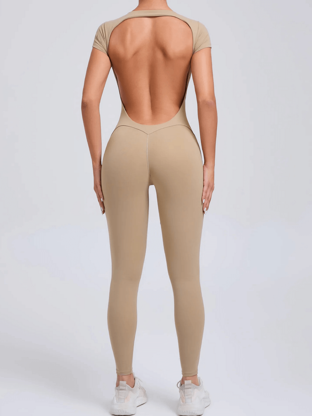 Alt Tag: Gym Open Back Yoga Jumpsuit with Short Sleeves - SF4291 beige slim-fit one-piece, open back, short sleeves, hip-lift shaping (back view)