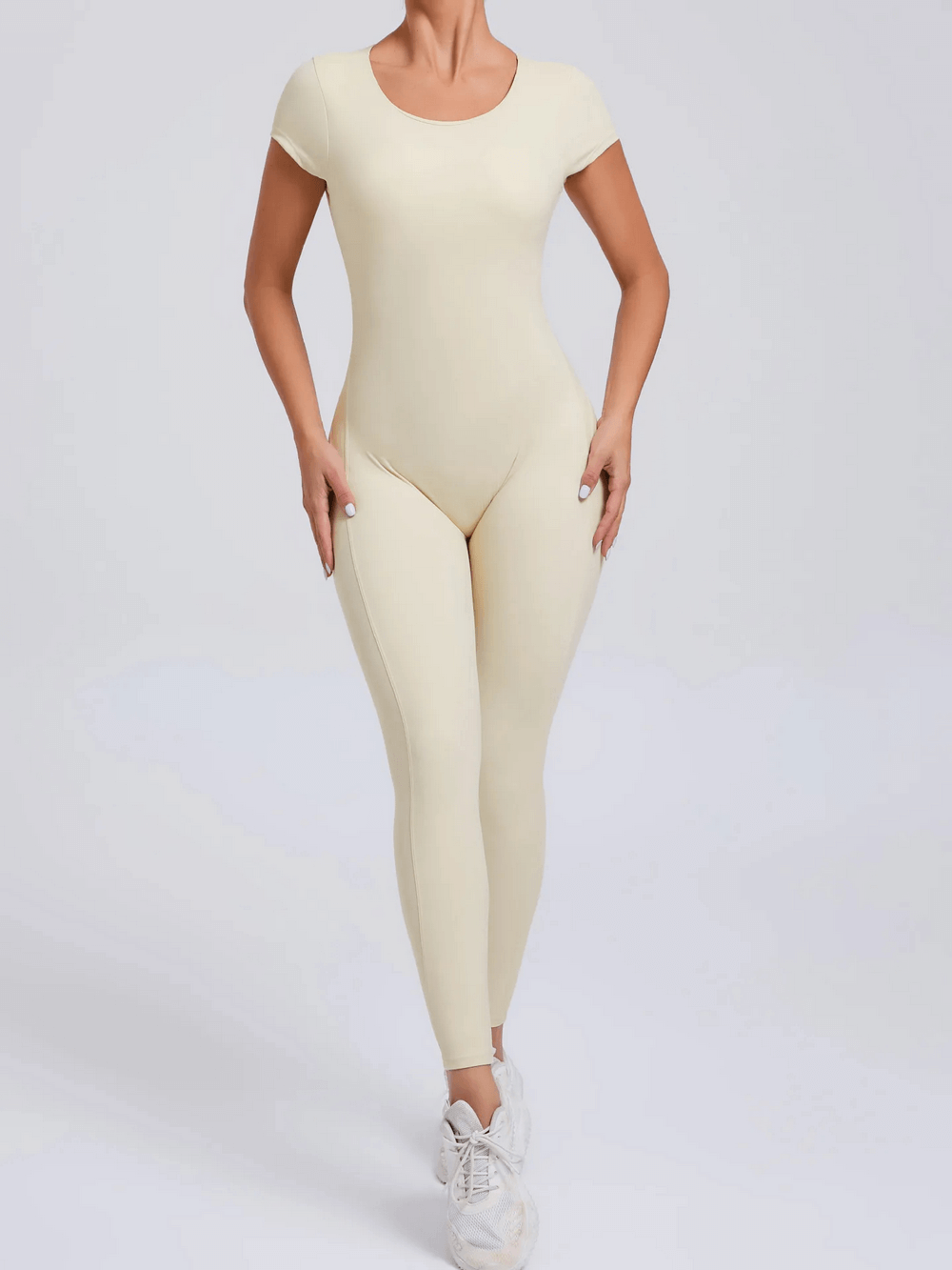 Alt Tag: Gym Open Back Yoga Jumpsuit with Short Sleeves - SF4291 slim fit women’s one-piece short sleeve activewear jumpsuit