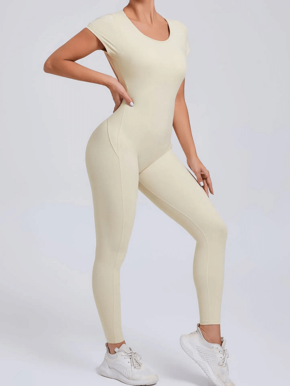 Alt Tag: Gym Open Back Yoga Jumpsuit with Short Sleeves - SF4291 slim fit short sleeve one-piece workout jumpsuit for women, quick-dry stretch