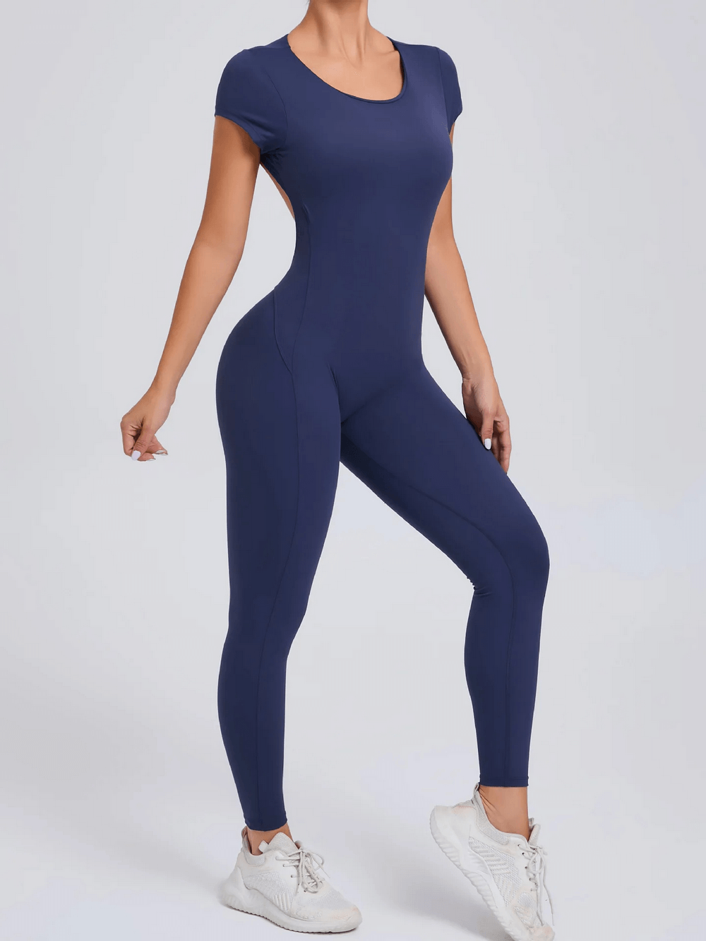 Alt Tag: Gym Open Back Yoga Jumpsuit with Short Sleeves - SF4291 women’s slim fit one-piece short sleeve workout jumpsuit, quick-dry
