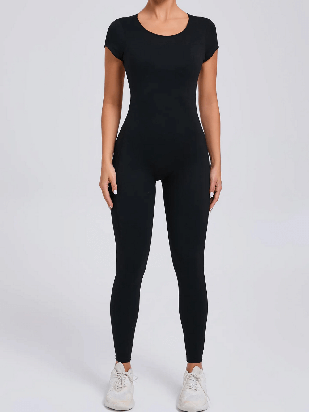 Alt Tag: Gym Open Back Yoga Jumpsuit with Short Sleeves - SF4291 black slim-fit short sleeve one-piece gym yoga jumpsuit for women, full length