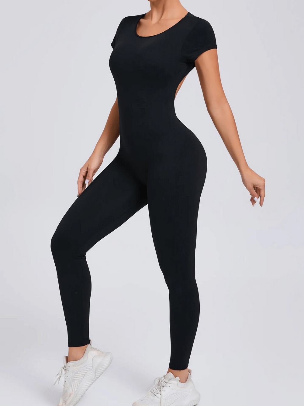 Alt Tag: Gym Open Back Yoga Jumpsuit with Short Sleeves - SF4291 black slim-fit one-piece short sleeve activewear jumpsuit