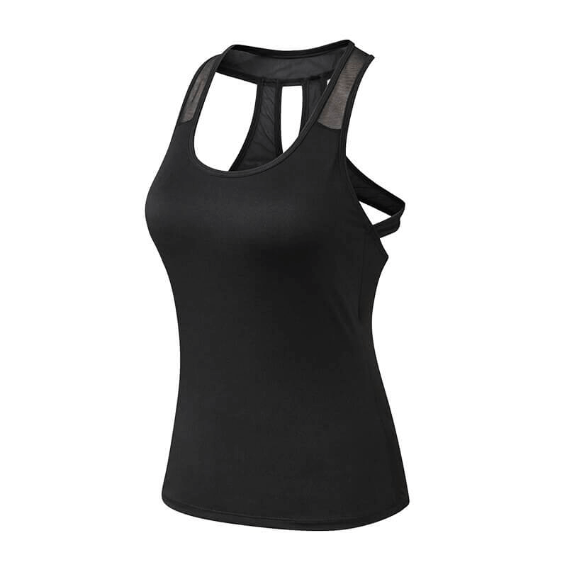 Black women's asymmetric back tank top for yoga and sports, made of breathable polyester and spandex, with anti-wrinkle technology.