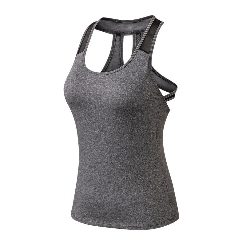 Gym Sports Women's Asymmetric Back Tank Top in grey, perfect for yoga, running, or tennis, made of breathable polyester and spandex.
