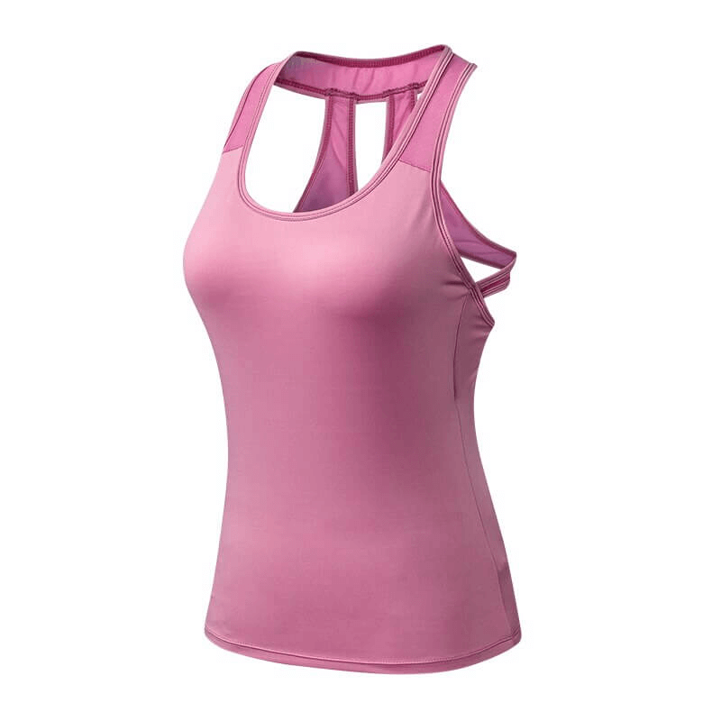 Women's pink asymmetric back tank top, breathable yoga gym wear, anti-pilling and anti-shrink technology, ideal for sports.