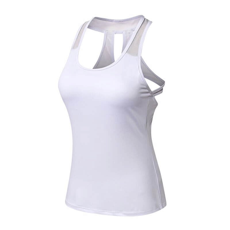 White women's asymmetric back tank top for yoga and sports, featuring breathable fabric and anti-pilling technology, model SF0005.