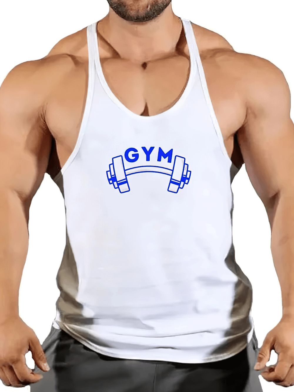 Men's Gym Tank Top with Bold Barbell Logo for Training - SF4095, perfect for weightlifting and fitness, sleeveless white design.