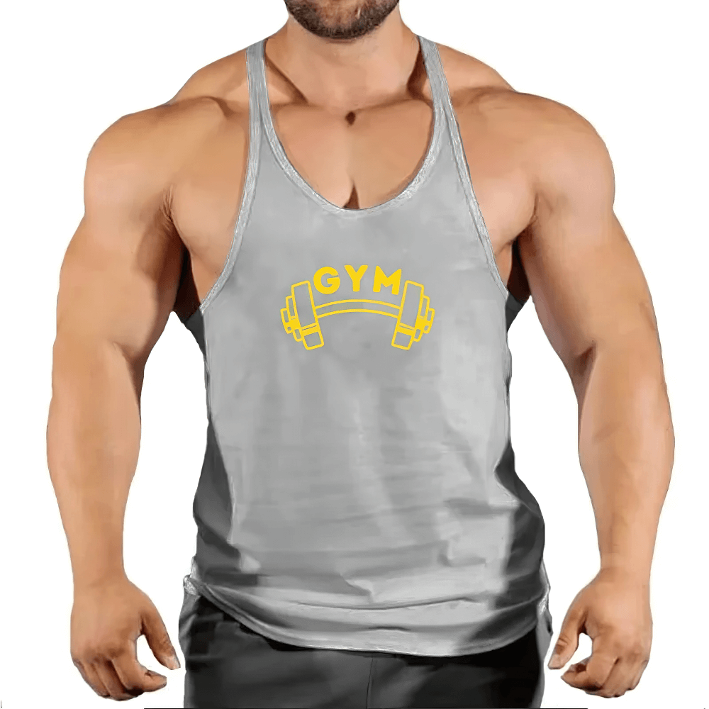 Muscular man wearing Gym Tank Top with Bold Barbell Logo for Training - SF4095 in silver, perfect for intense workouts and fitness.