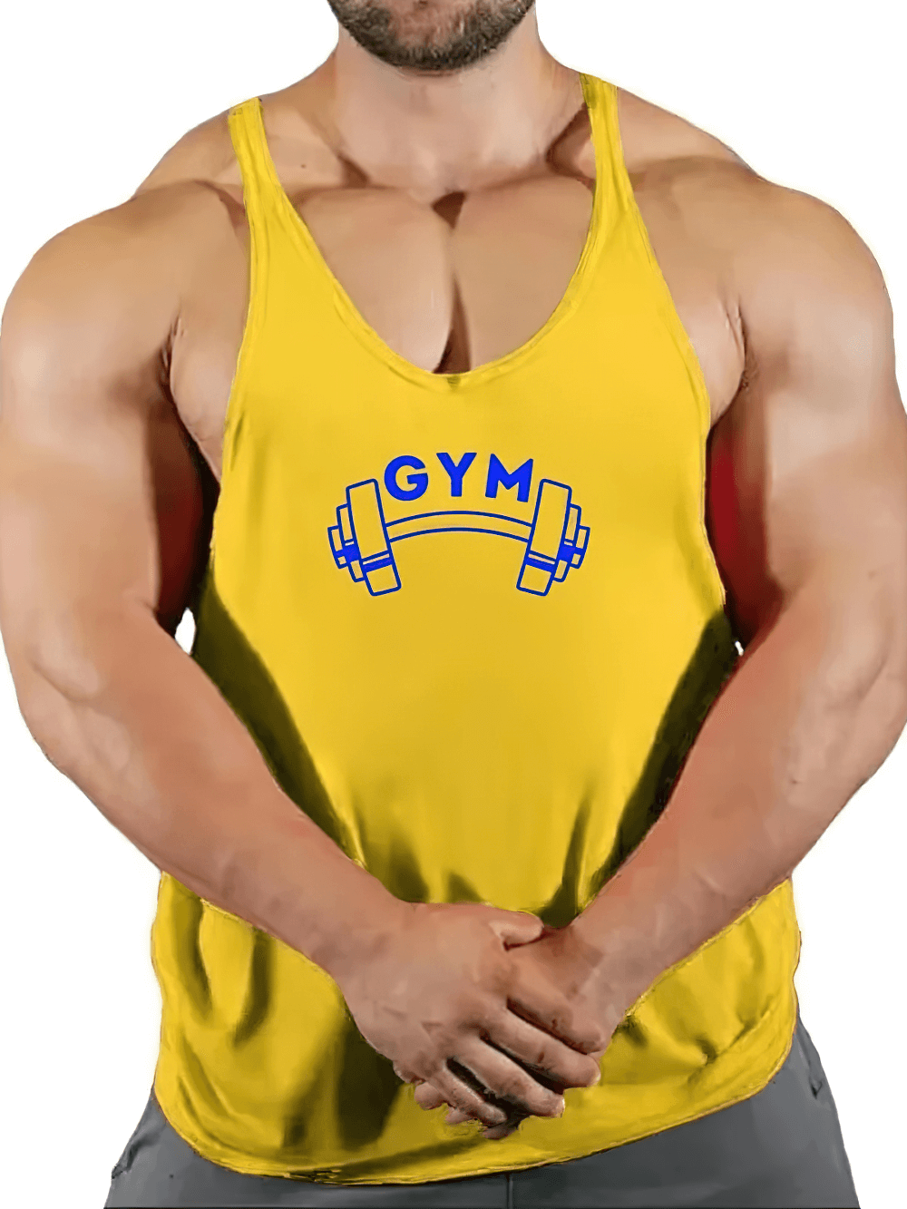 Man wearing Gym Tank Top with Bold Barbell Logo for Training - SF4095 in yellow, perfect for weightlifting and fitness.