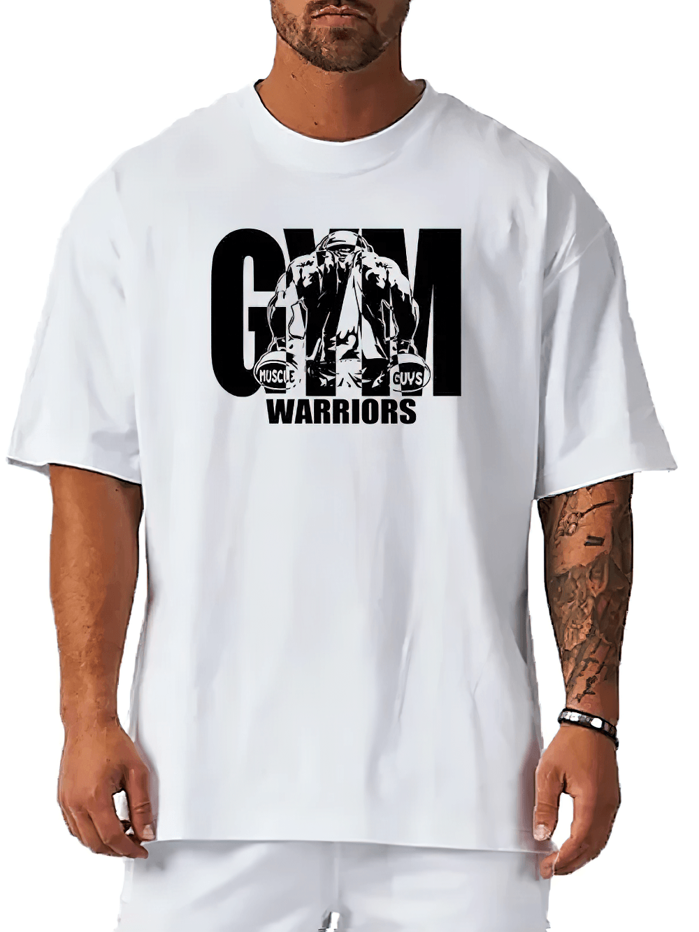 Gym Warriors Graphic Oversized Workout T-Shirt - SF4753 displayed on model in white