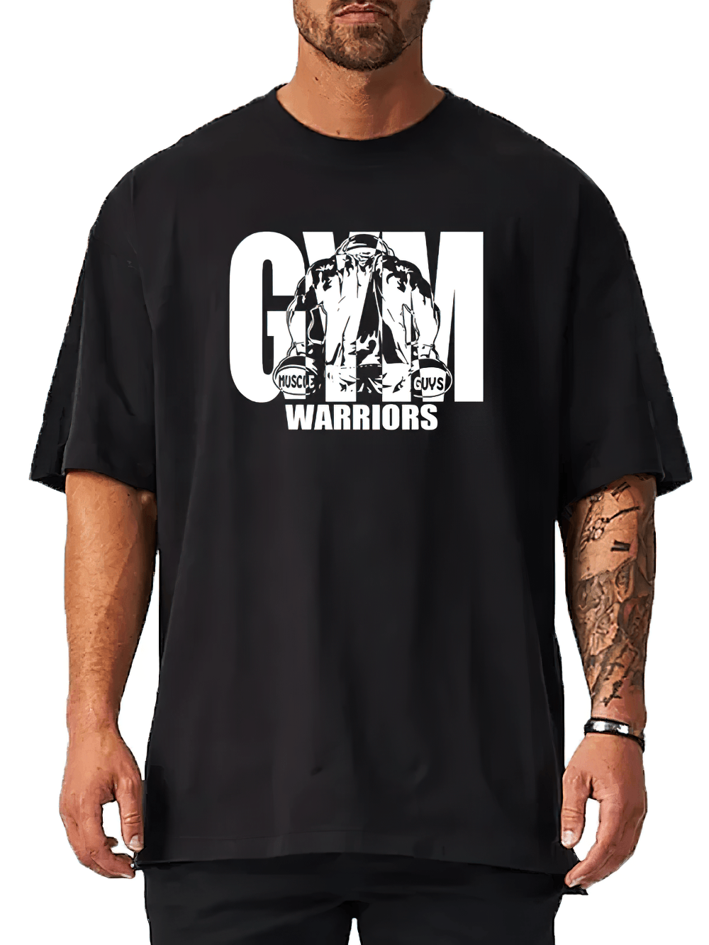Gym Warriors Graphic Oversized Workout T-Shirt - SF4753 displayed in black with bold graphic design.