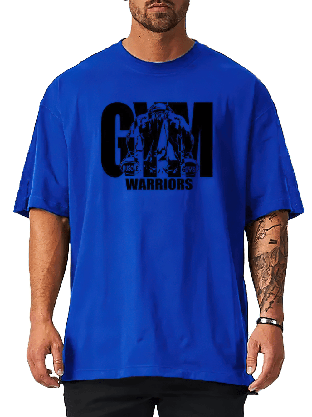 Gym Warriors Graphic Oversized Workout T-Shirt - SF4753 in vibrant blue, perfect for fitness and streetwear.
