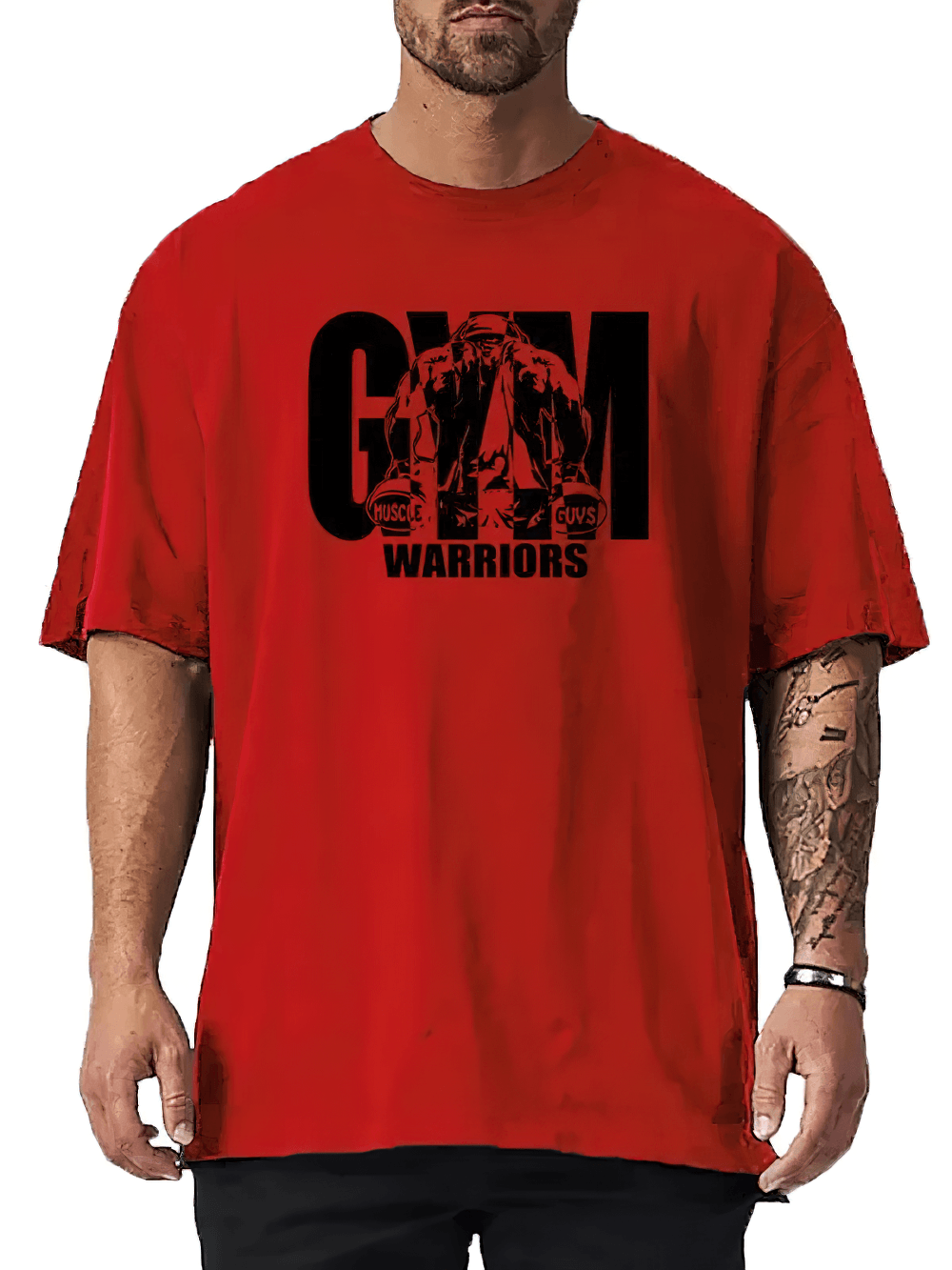 Gym Warriors Graphic Oversized Workout T-Shirt - SF4753 in bold red featuring dropped shoulder design for gym sessions.