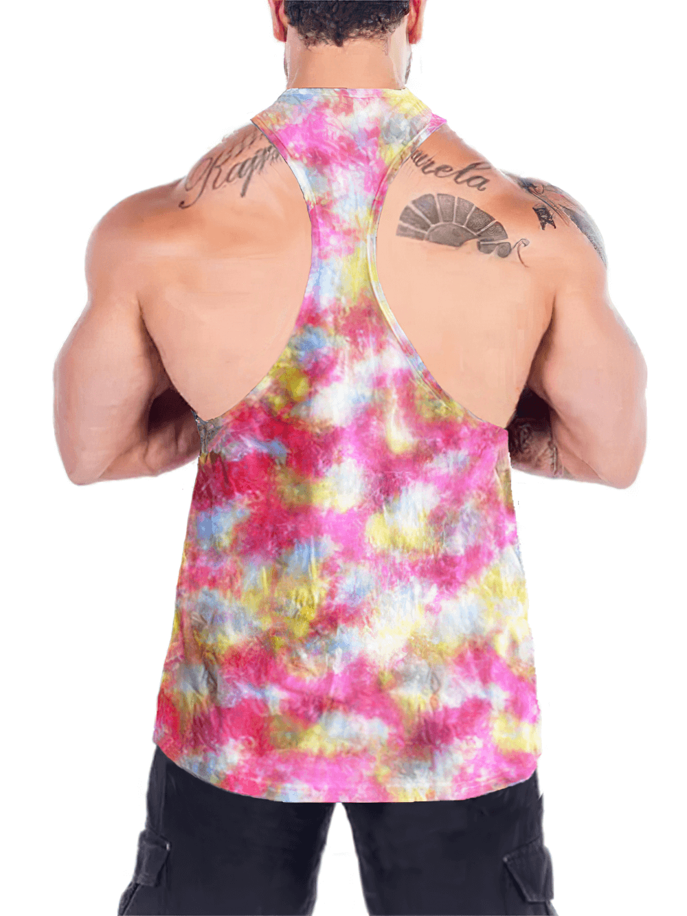 Gym Warriors Tie Dye Racerback Tank Top for Men - SF4168 showcasing the open back design ideal for lifting and fitness.