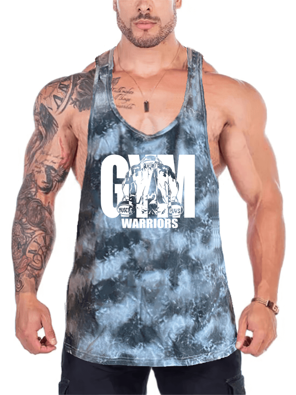 Muscular man wearing Gym Warriors Tie Dye Racerback Tank Top for Men - SF4168, perfect for gym and workout sessions.