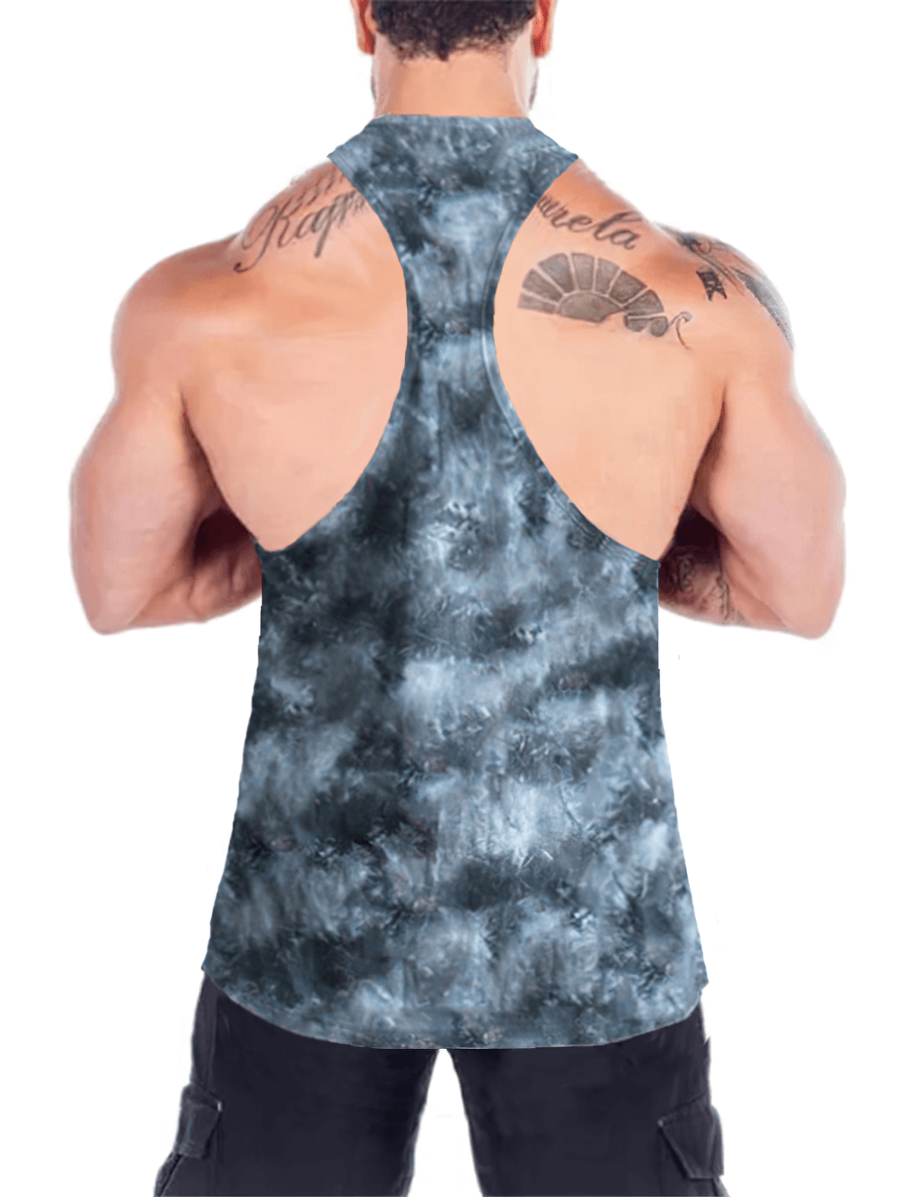 Back view of Gym Warriors Tie Dye Racerback Tank Top for Men - SF4168 showcasing open racerback cut and athletic fabric