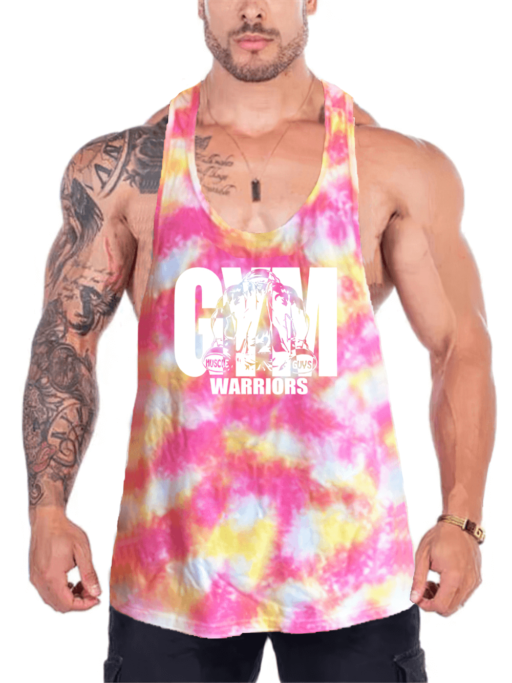 Man wearing Gym Warriors Tie Dye Racerback Tank Top for Men - SF4168 showcasing athletic fit and vibrant colors.