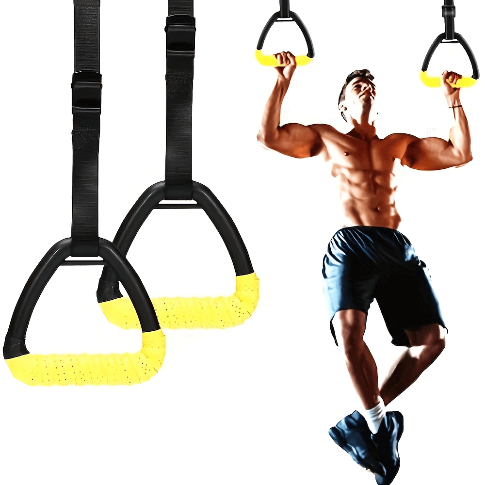 Man doing pull-ups on SF2900 gymnastic rings with yellow grips, showcasing strength and fitness for home and outdoor workouts.