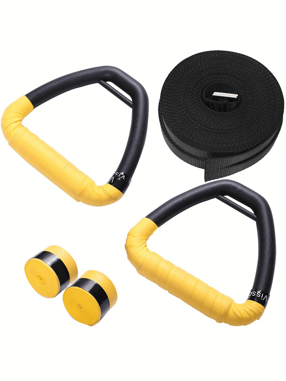 Durable non-slip gymnastic rings SF2900 with adjustable straps and yellow stability tapes for strength training and pull-ups.