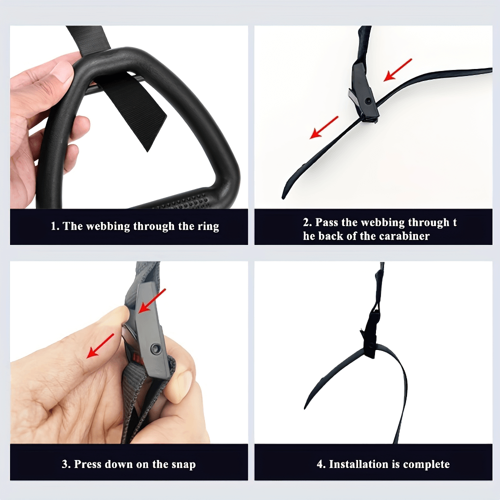 Step-by-step installation guide for gymnastic rings with non-slip grips and adjustable straps for strength training.