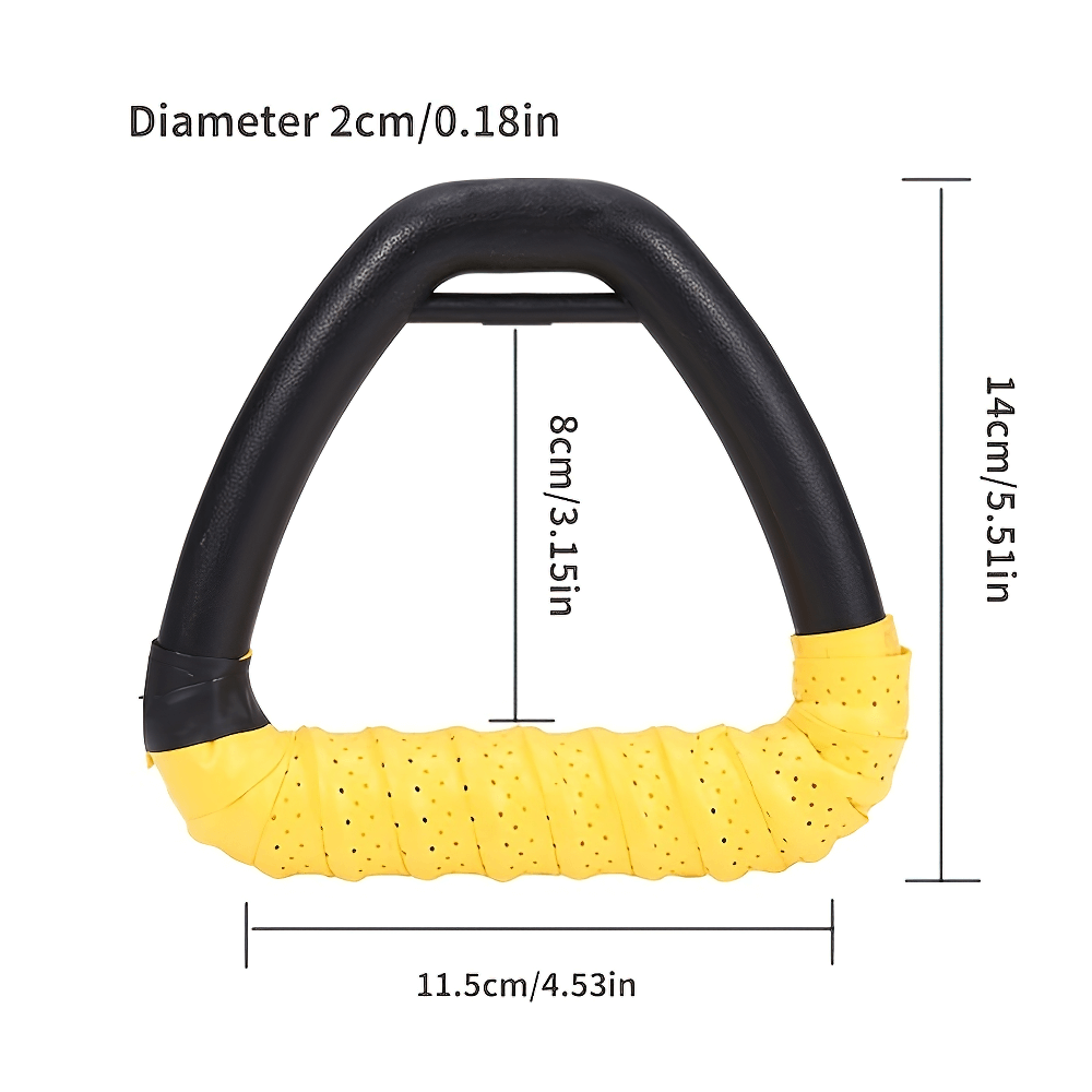 Close-up of durable non-slip gymnastic ring grip with yellow wrap, featuring size dimensions for strength and pull-up exercises.