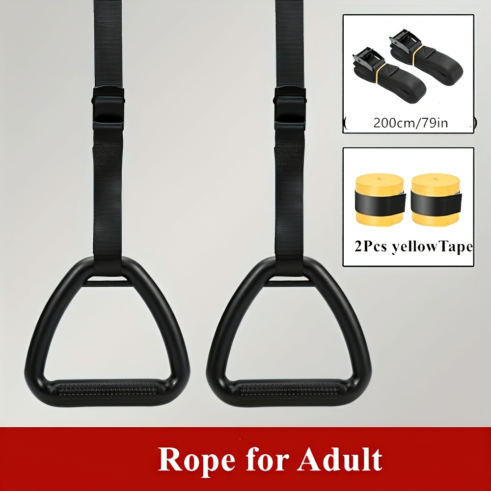 Durable SF2900 gymnastic rings with non-slip grips, adjustable PA straps, and yellow tape for strength training and pull-ups.