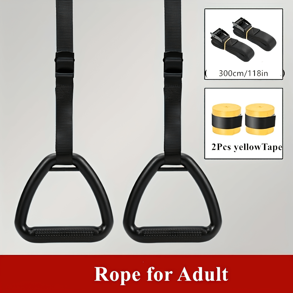 Durable non-slip gymnastic rings with adjustable straps for strength training, includes two yellow tapes for stability.