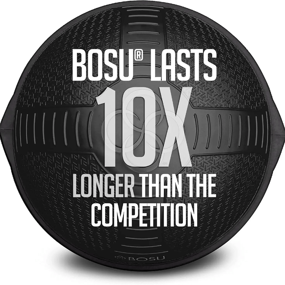 BOSU half balance ball trainer showcasing durability, lasts 10 times longer than competitors for effective workouts and stability training.
