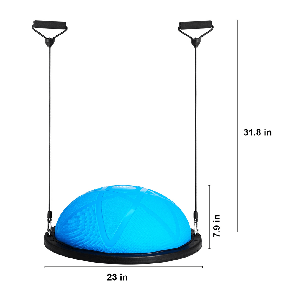 Blue half balance ball trainer with resistance bands, 23in diameter, for stability workouts, supports 660lbs, ideal for home gym use.