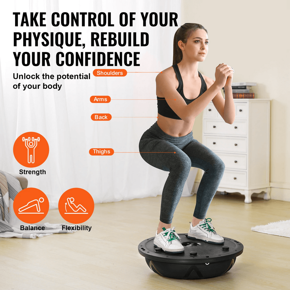 Woman performing squat on half balance ball trainer SF3272 in home gym setting to enhance core strength and stability with added features.