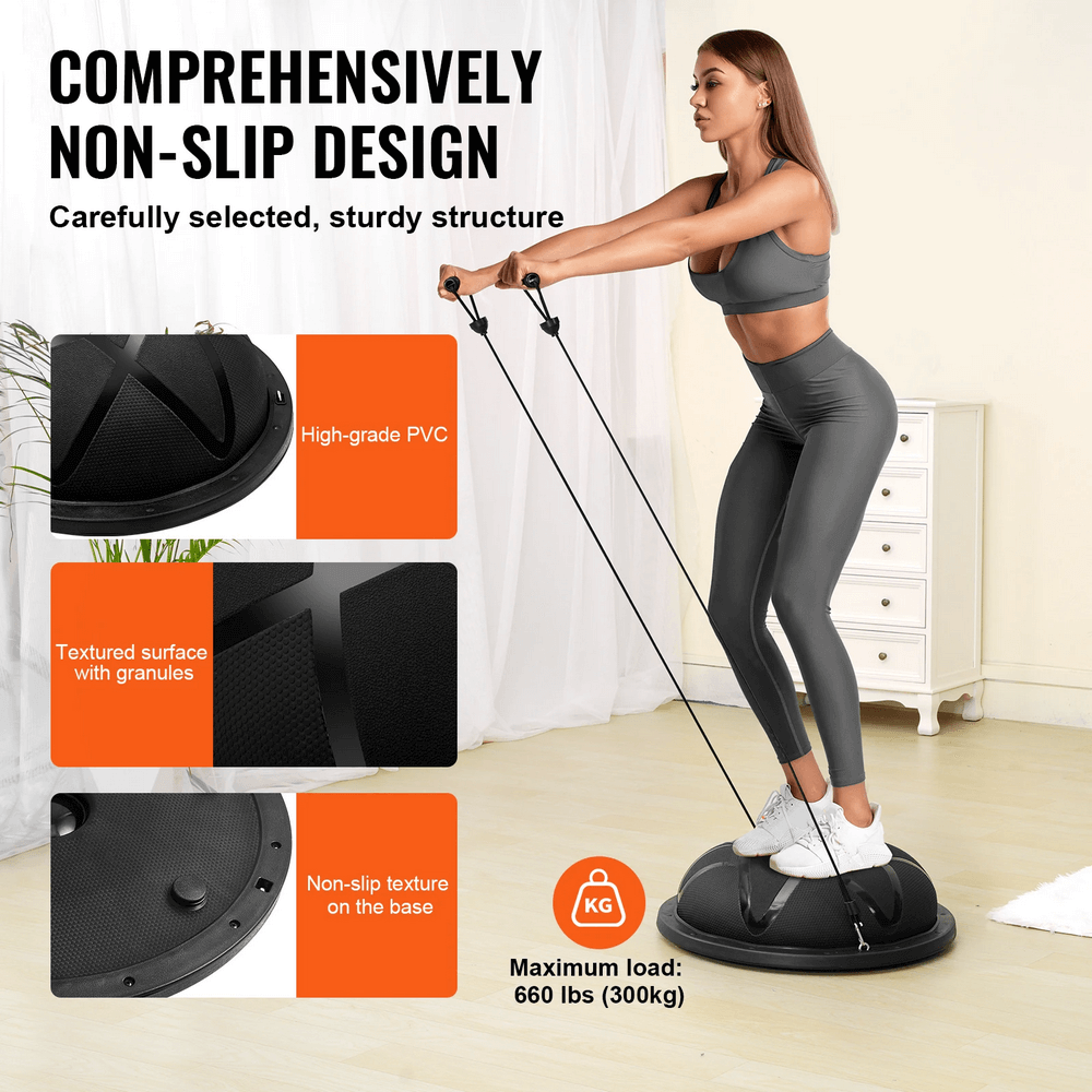 Woman using SucceBuy Balance Ball Trainer with resistance bands, great for core strength and stability in home gym workouts. Max load 660lbs.