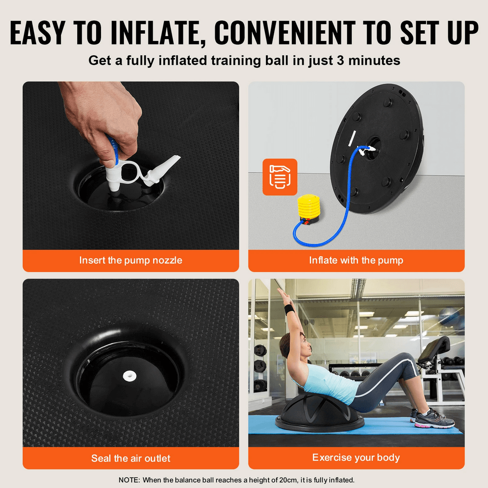 Easy inflation guide for half balance ball trainer with pump and exercise demonstration.