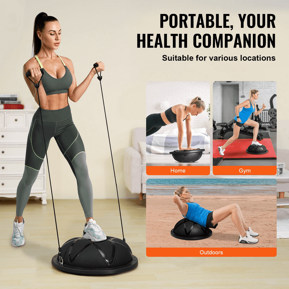 Person using half balance ball trainer for home, gym, and outdoor workouts. Boost stability, core strength. Supports 660lbs.