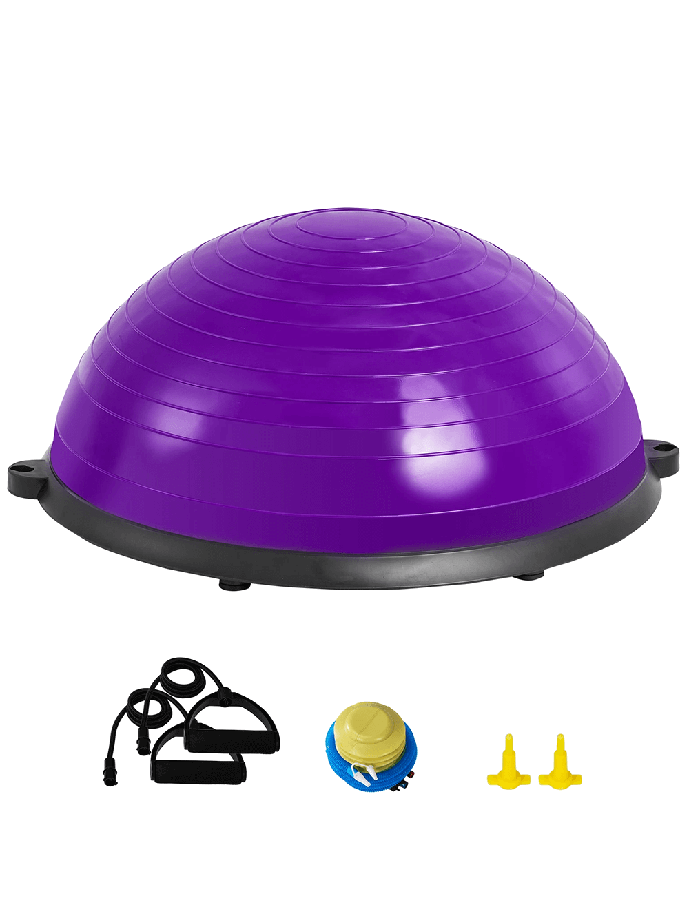 Purple half balance ball trainer with resistance bands and foot pump, perfect for yoga, Pilates, and strength training at home or outdoors.