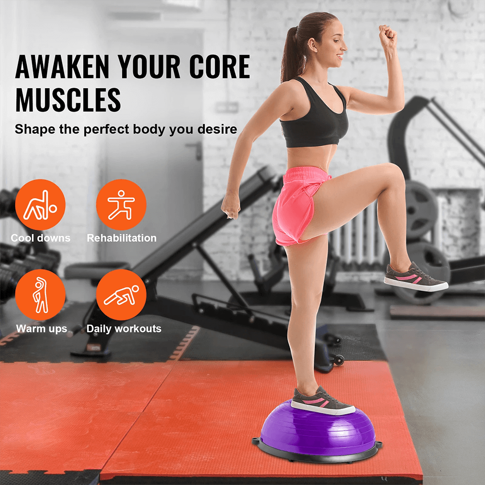 Woman exercising on half balance trainer ball in gym for core strengthening and flexibility. Includes text: Awaken your core muscles.