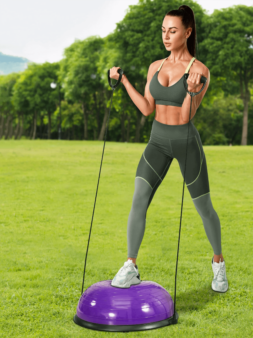 Woman exercising outdoors with SF3273 half balance ball trainer, featuring resistance bands and foot pump for full-body workout.