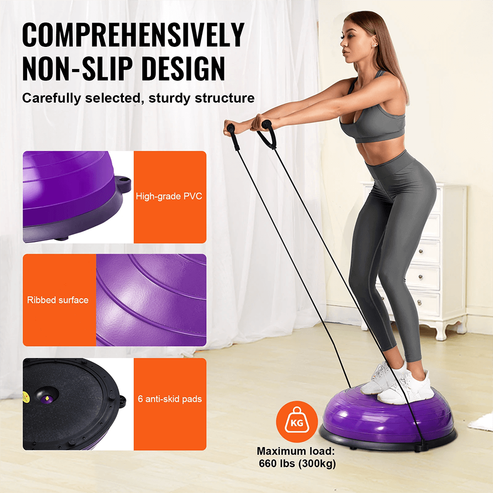 Woman using purple half balance ball trainer with resistance bands, showcasing its non-slip design and sturdy structure.