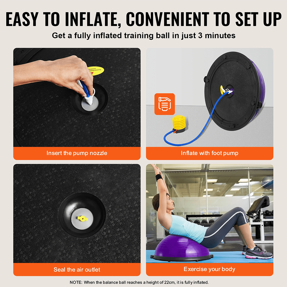 Steps to set up half balance ball trainer with pump, showing inflation, sealing, and exercise use.