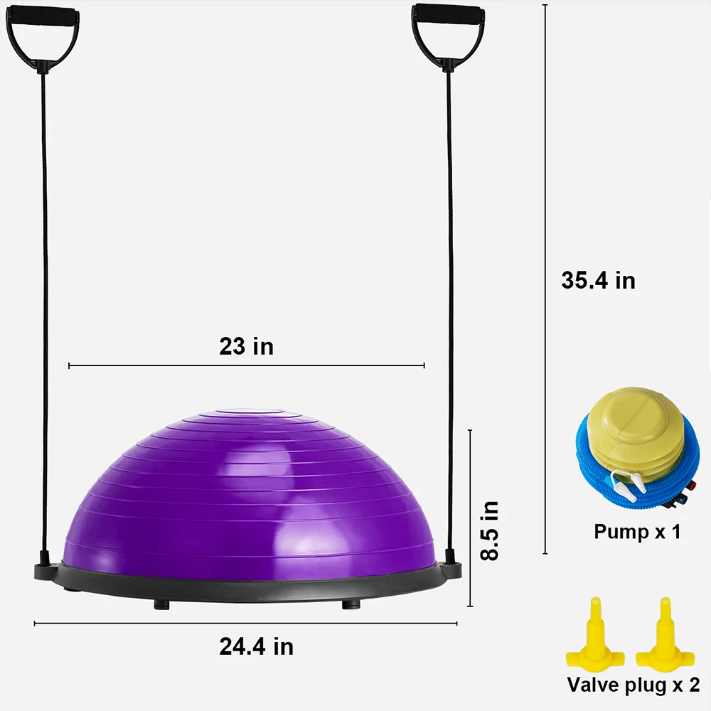 Purple half balance ball trainer with resistance bands, foot pump, and valve plugs for yoga and strength workouts.