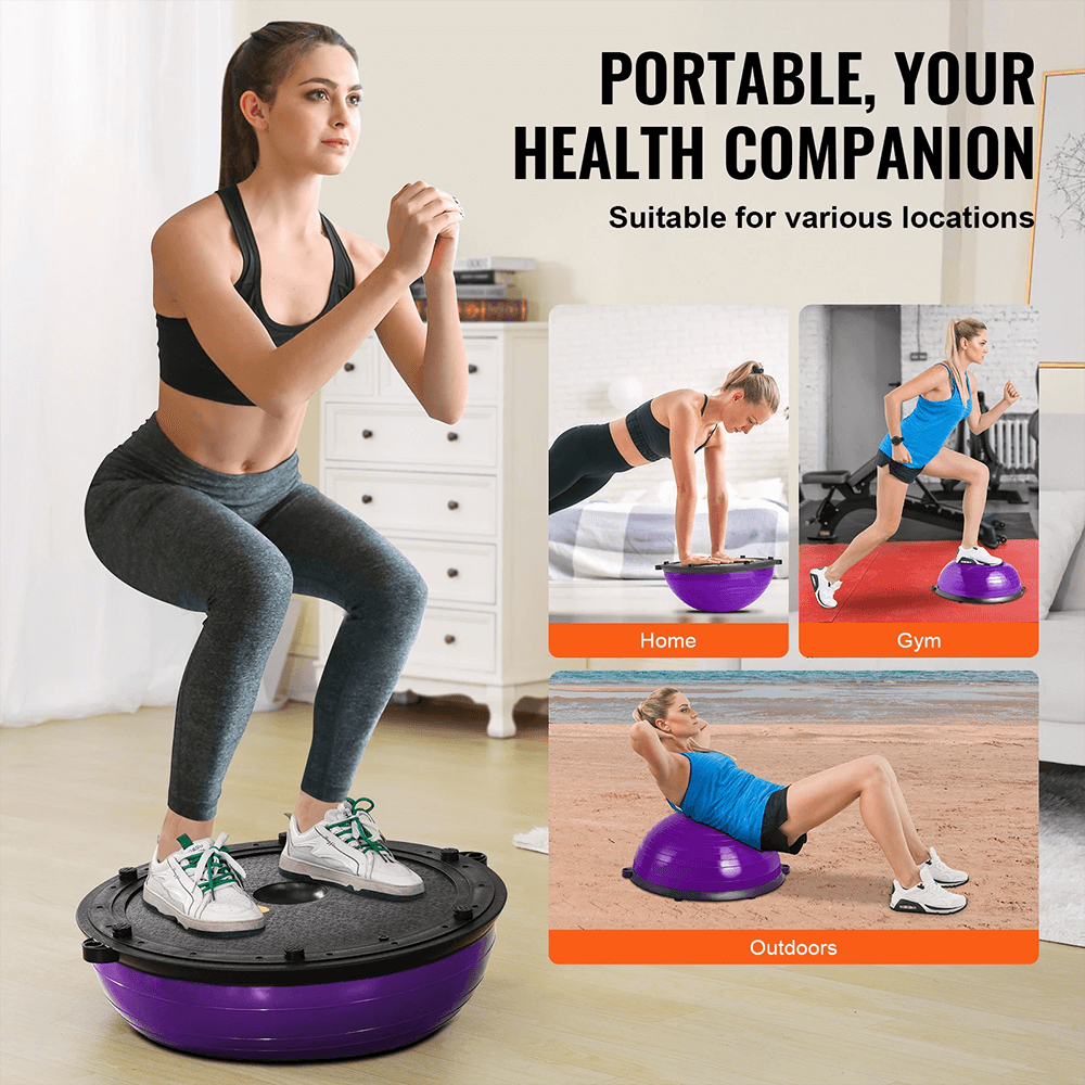 Woman using Half Balance Ball Trainer SF3273 with resistance bands for a full-body workout at home, gym, and outdoors.