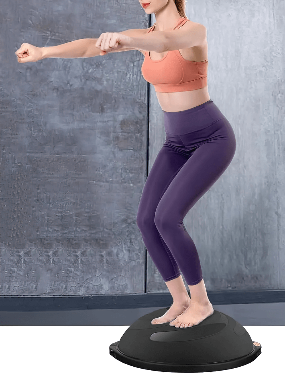 Woman exercising on Half Balance Ball Trainer SF3390 for core strengthening and stability, home workout fitness equipment.