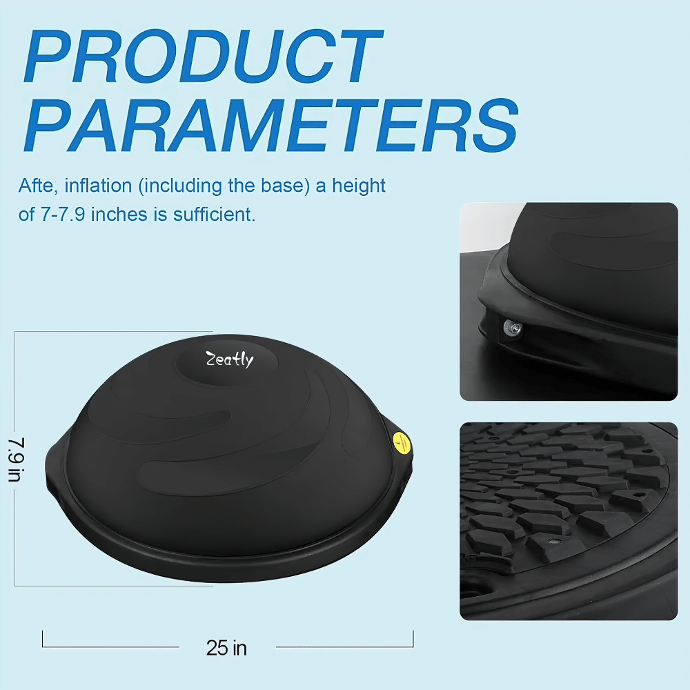 Detailed view of Zeatly Half Balance Ball Trainer, with product dimensions and design features highlighted for home workouts.