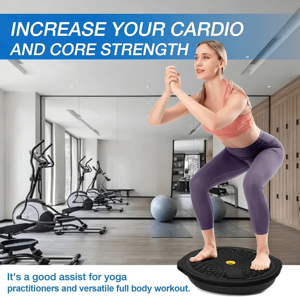 Woman performing squats on Half Balance Ball Trainer for full-body workout in gym, boosting cardio and core strength.