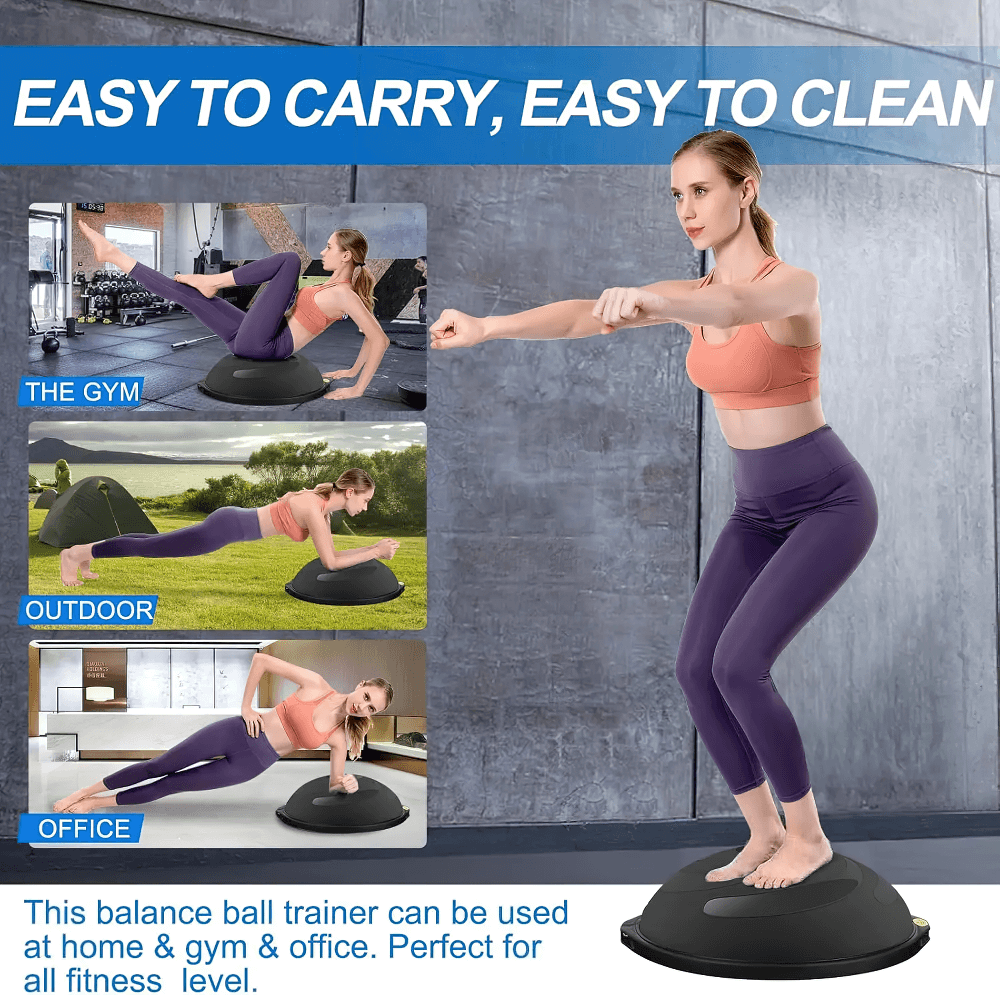 Woman using Half Balance Ball Trainer with resistance bands for versatile full-body workout at home, gym, and office.