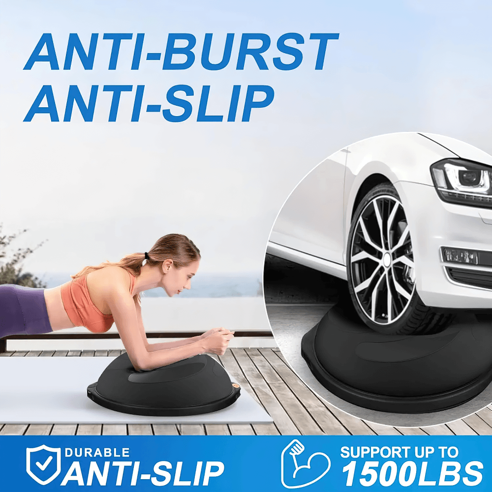 Woman using anti-burst balance ball trainer with resistance bands, showing durable design supporting up to 1500 lbs.