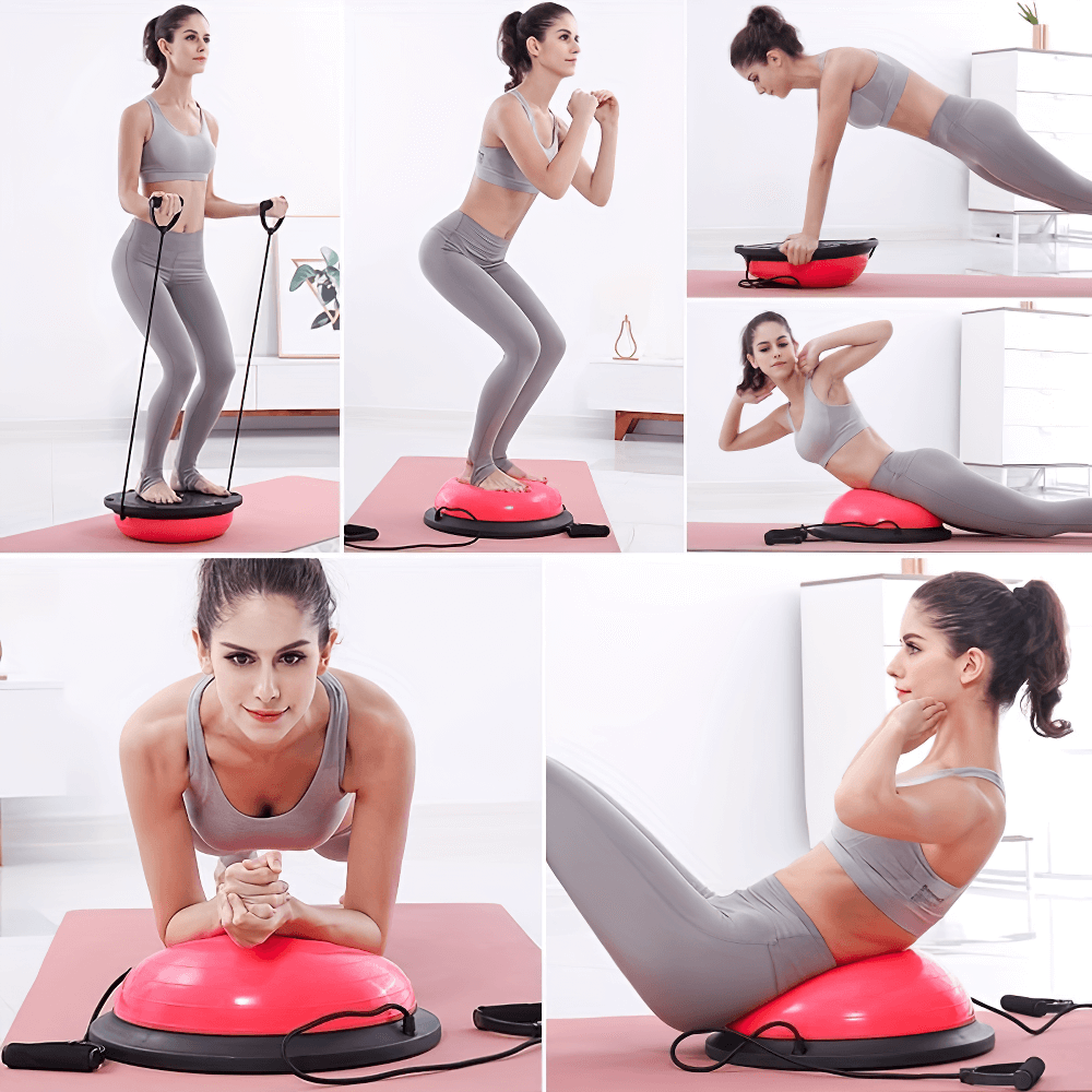 Woman exercising with half balance trainer ball using resistance bands for yoga, pilates, and core strength training at home gym.