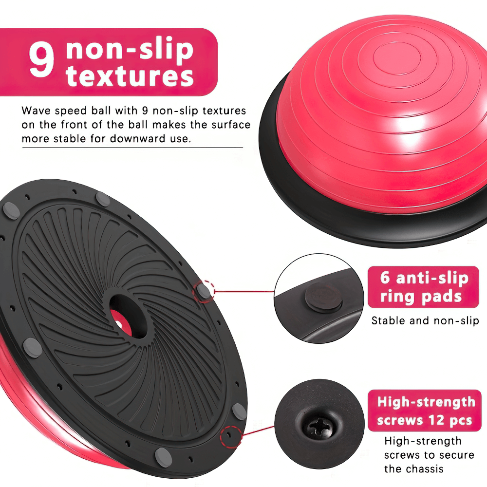 Half balance trainer ball with 9 non-slip textures, 6 anti-slip ring pads, and high-strength screws for secure stability and grip.